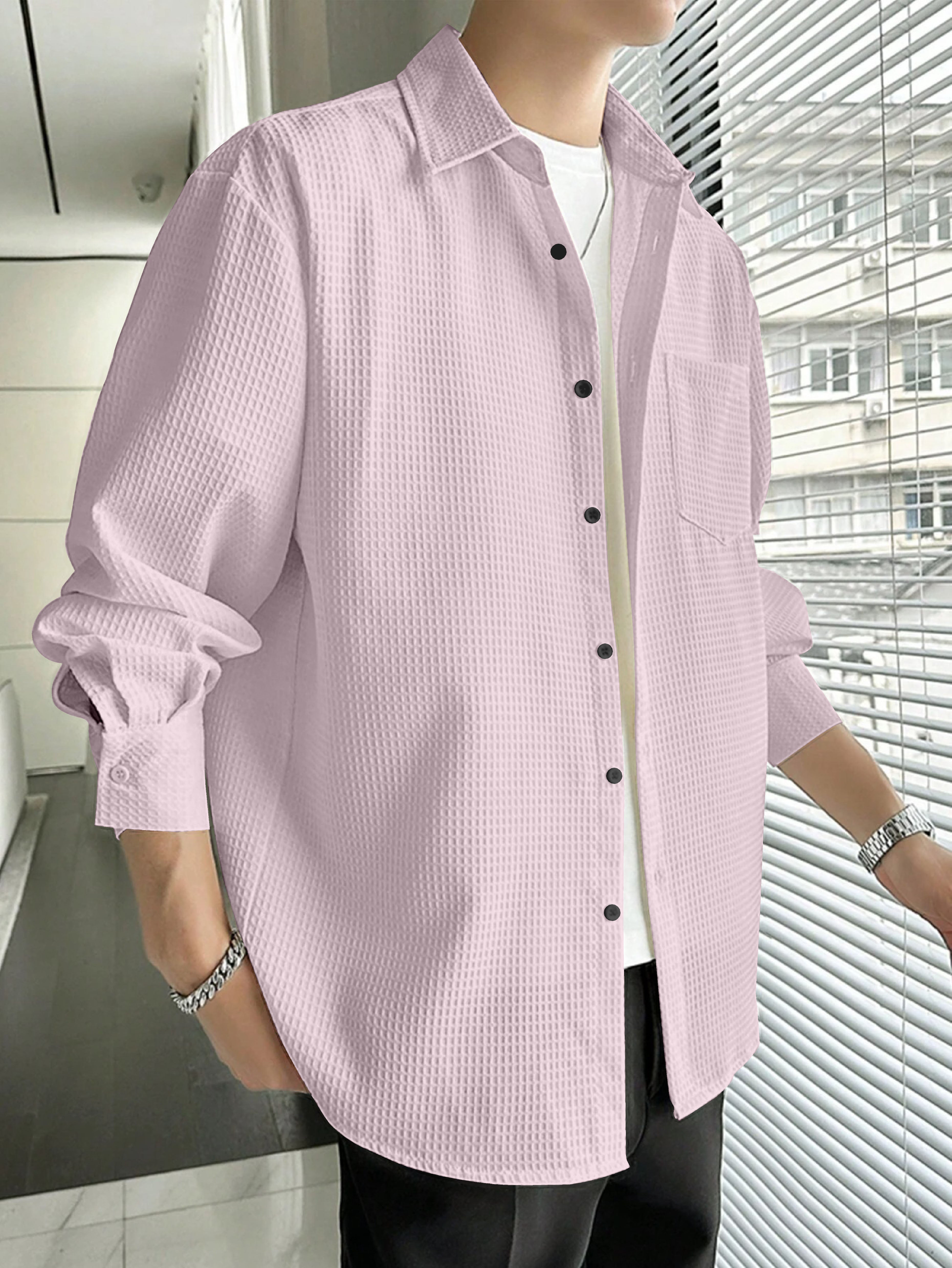 Soft and Cozy Pink Waffle Full Sleeve Shirt - Ideal for Casual Wear