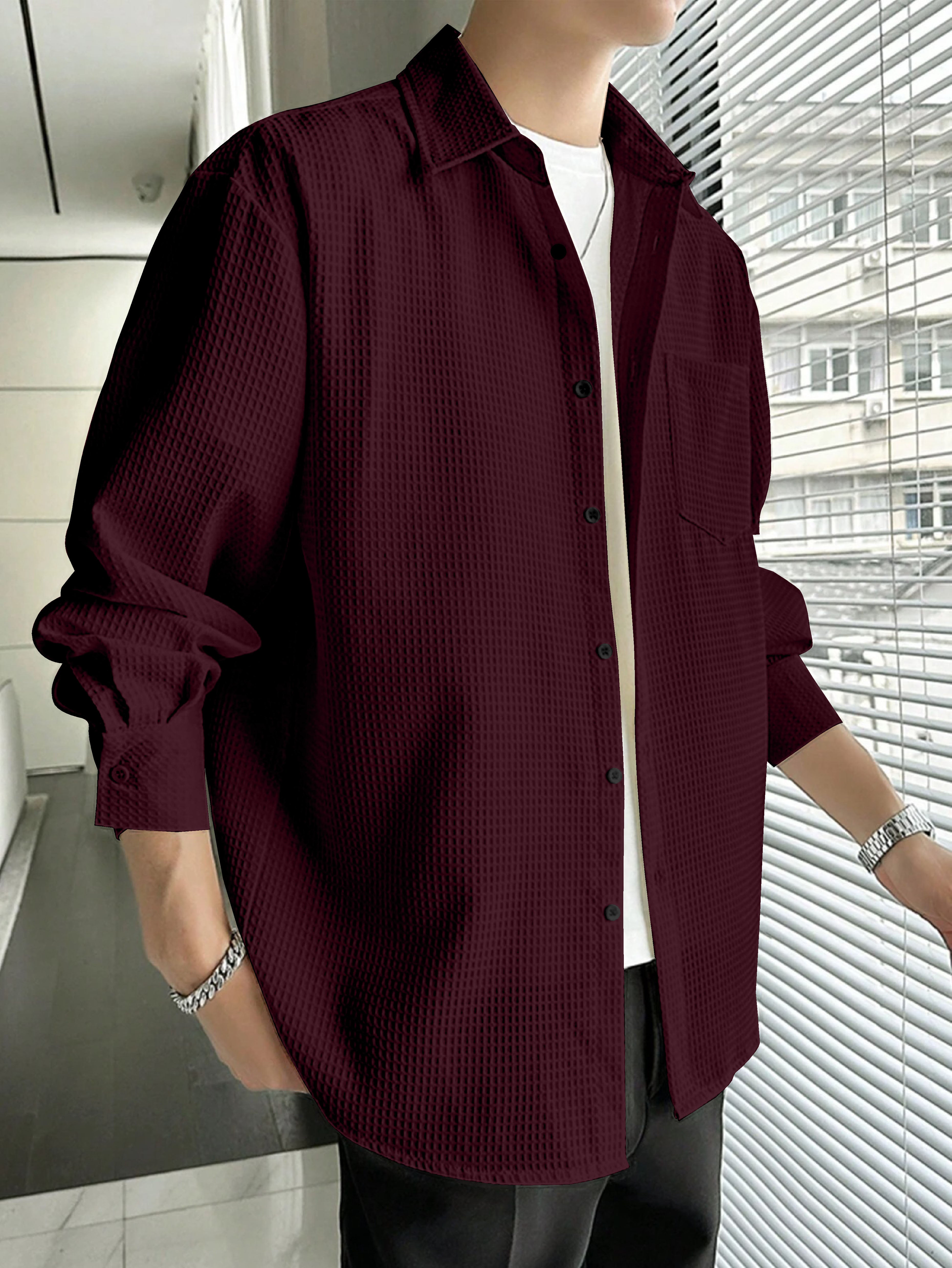 Rich Maroon Waffle Full Sleeve Shirt - A Bold and Sophisticated Choice