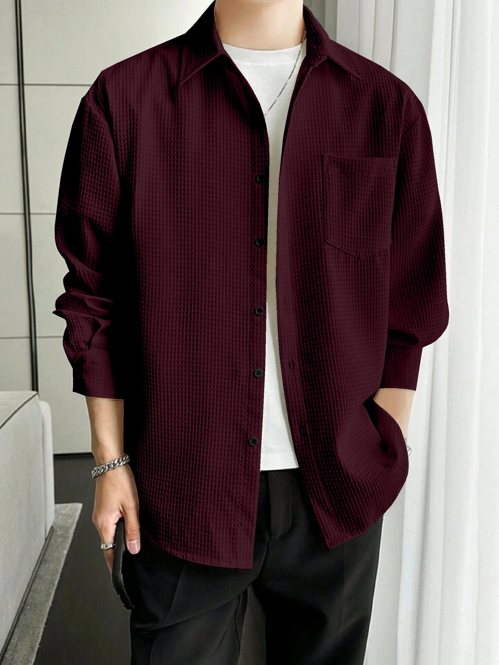 Rich Maroon Waffle Full Sleeve Shirt - A Bold and Sophisticated Choice