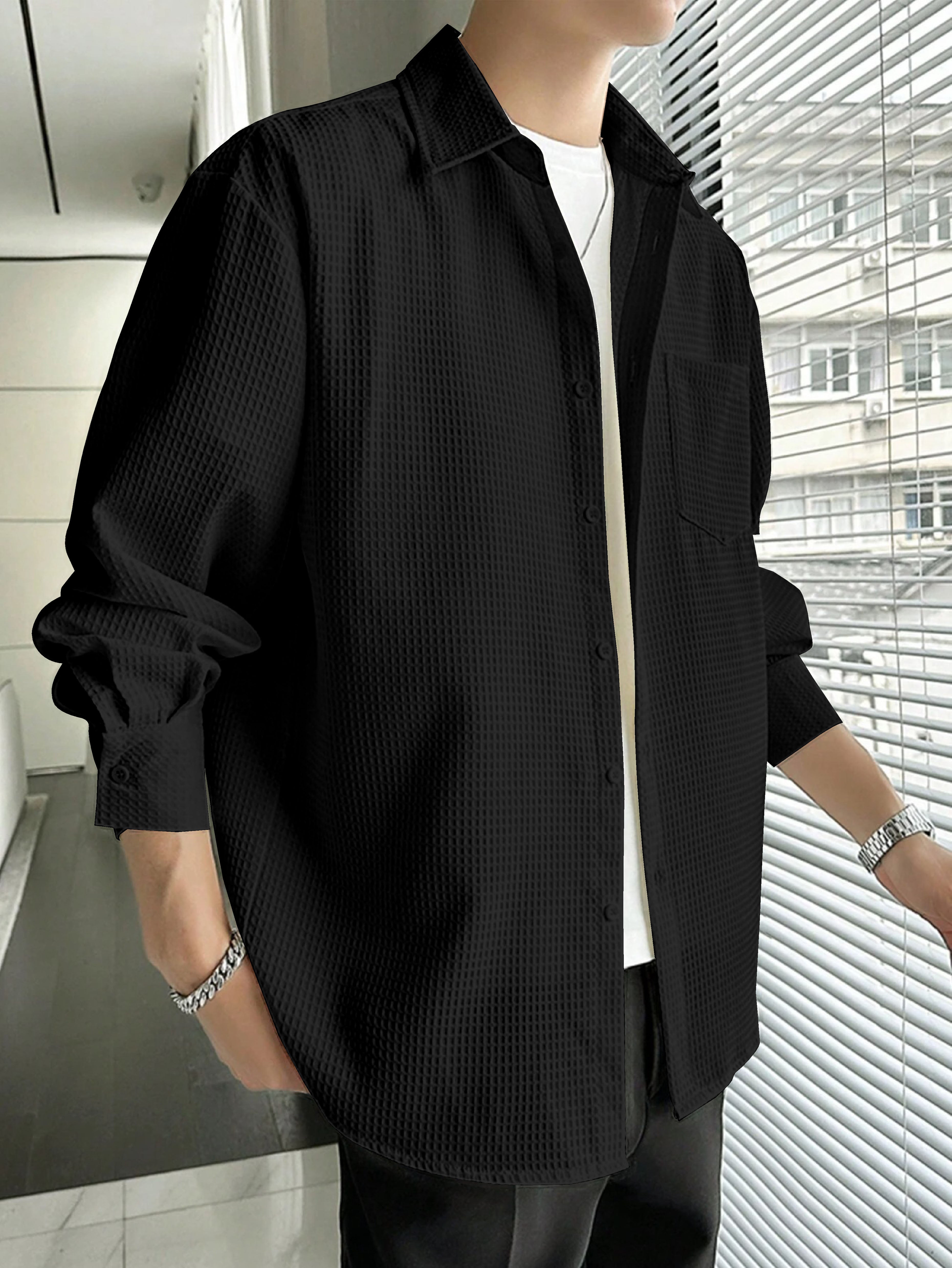 Men's Luxury Black Waffle Full Sleeve Shirt - Soft Comfortable and Stylish