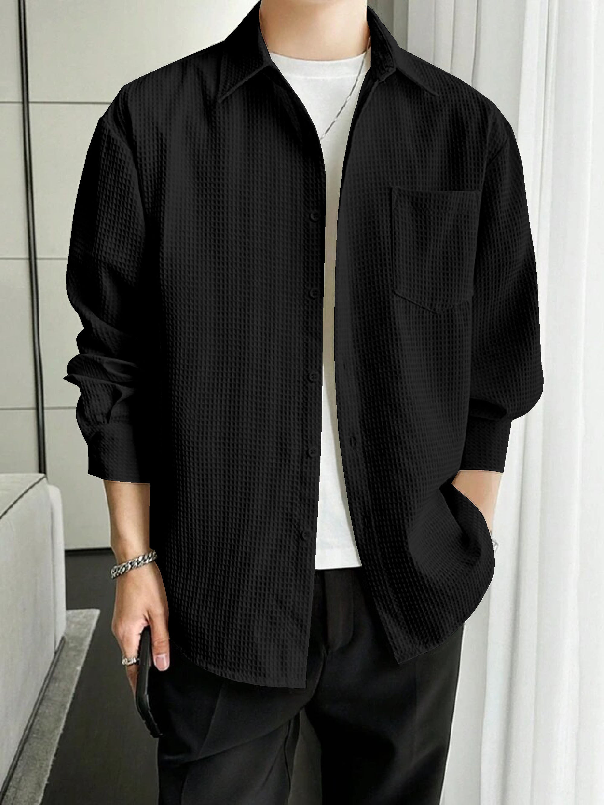 Men's Luxury Black Waffle Full Sleeve Shirt - Soft Comfortable and Stylish