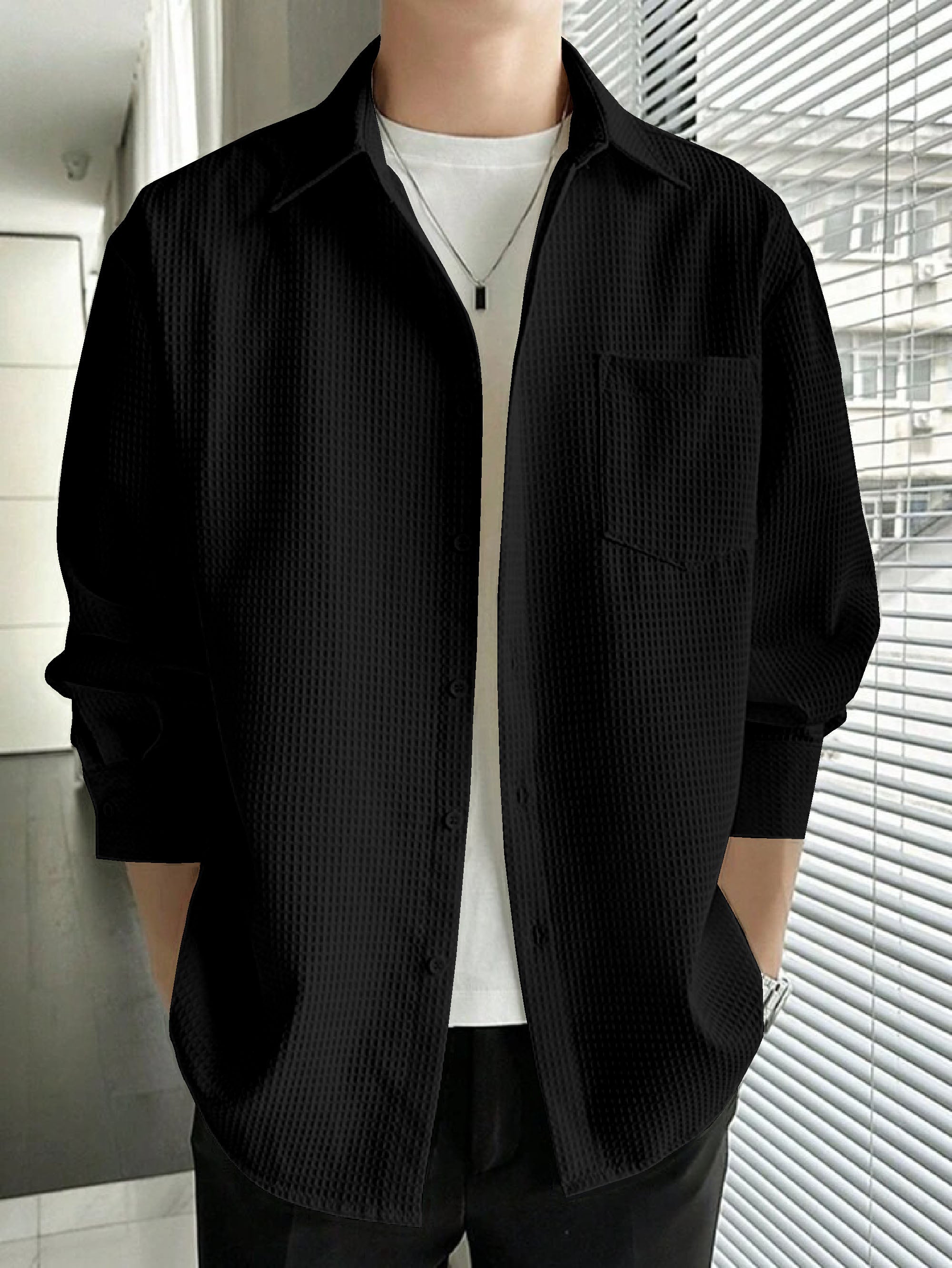 Men's Luxury Black Waffle Full Sleeve Shirt - Soft Comfortable and Stylish