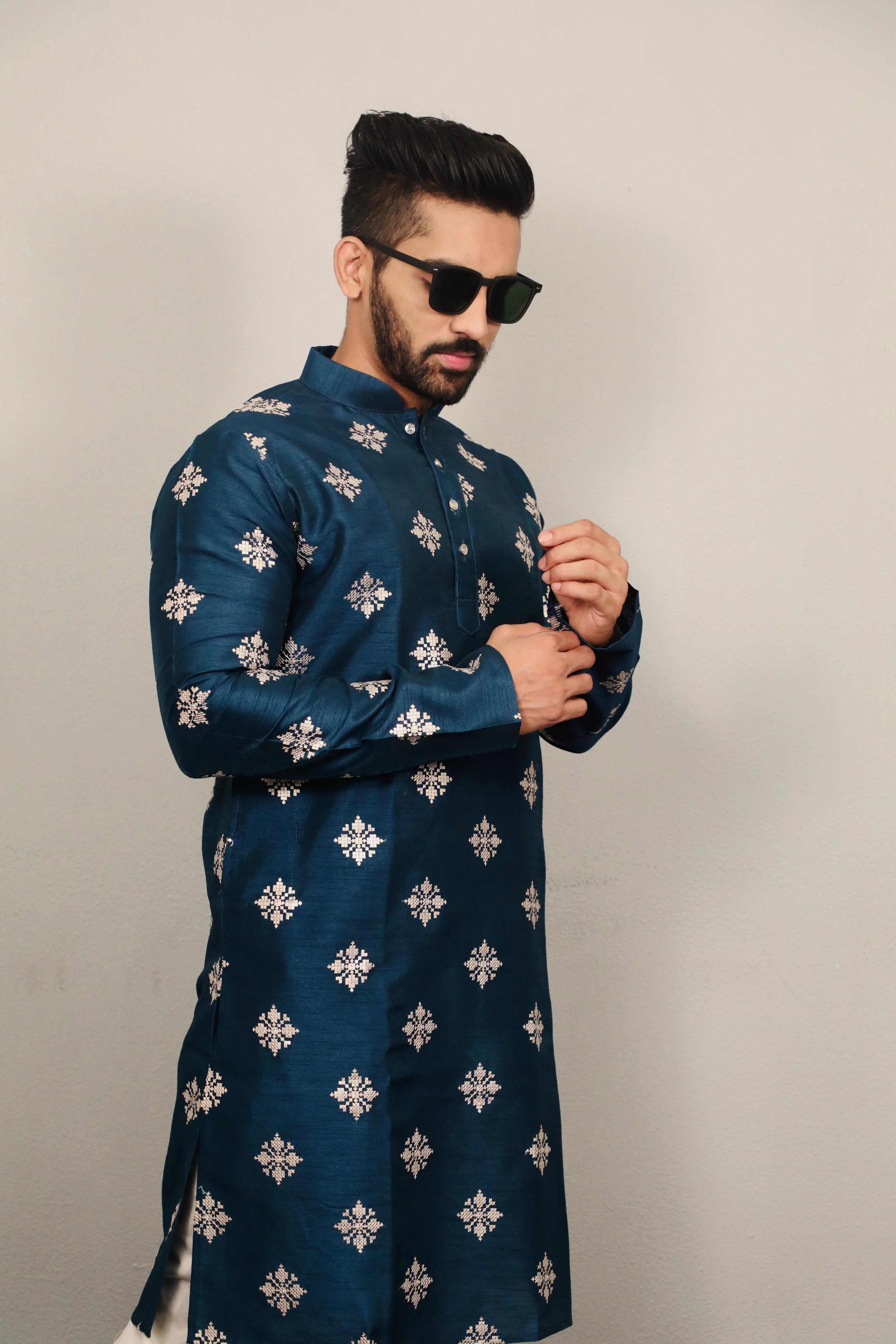 Dark Blue Bloom in Gold Kurta