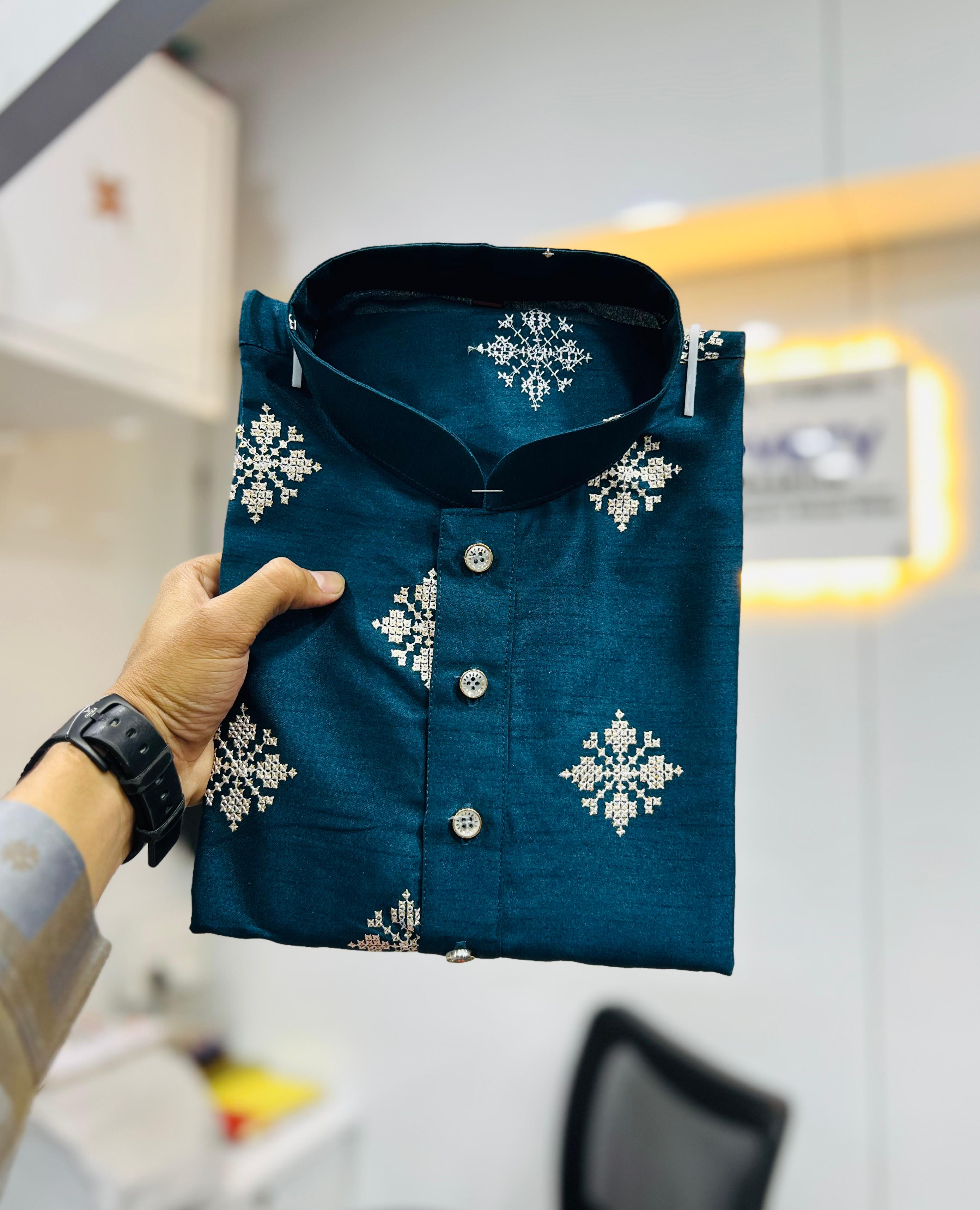 Dark Blue Bloom in Gold Kurta