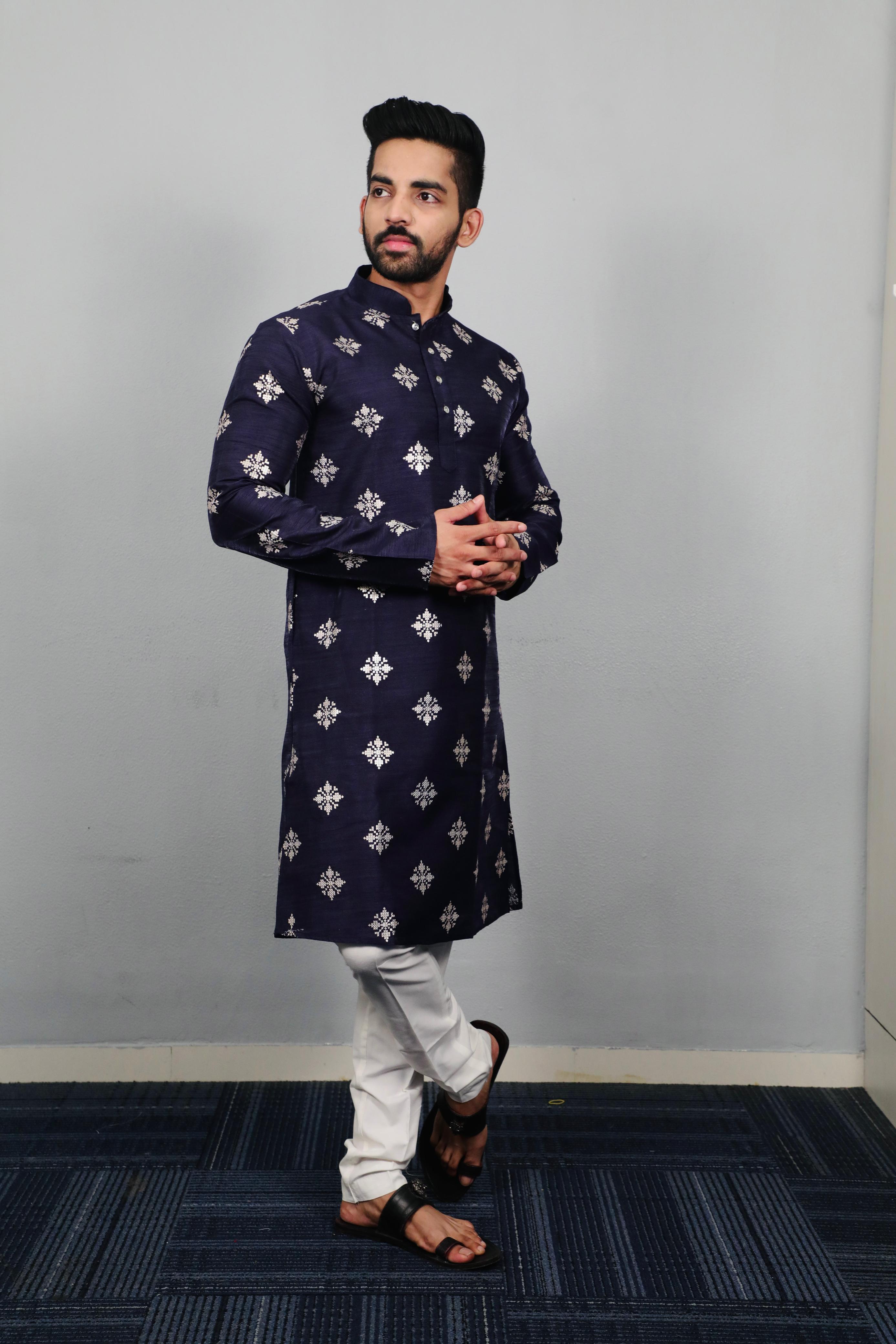 Golden Flower Garden Nevy Blue Kurta