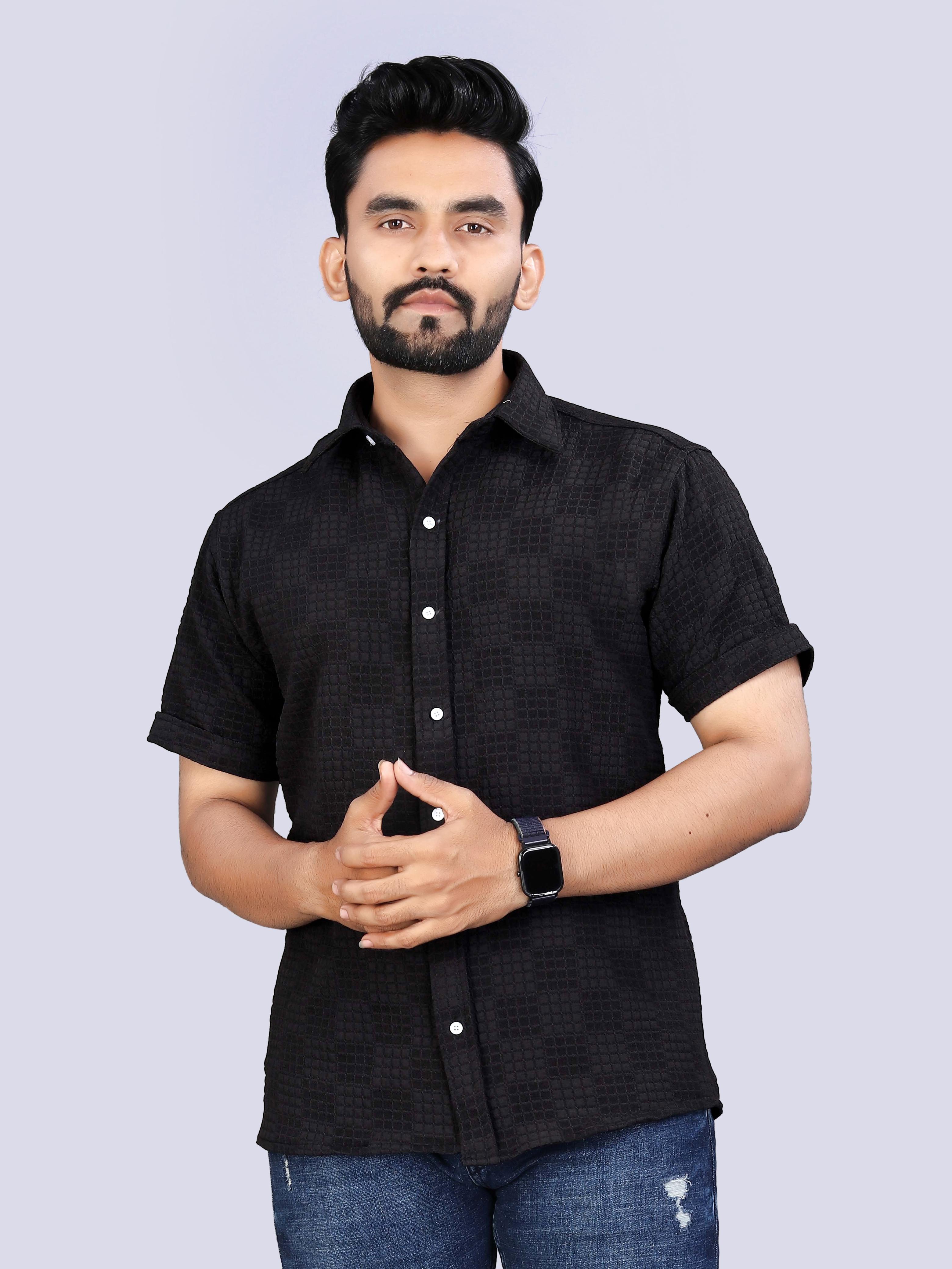 Men's Cotton Double Cloth Fabric Plain Black Shirt