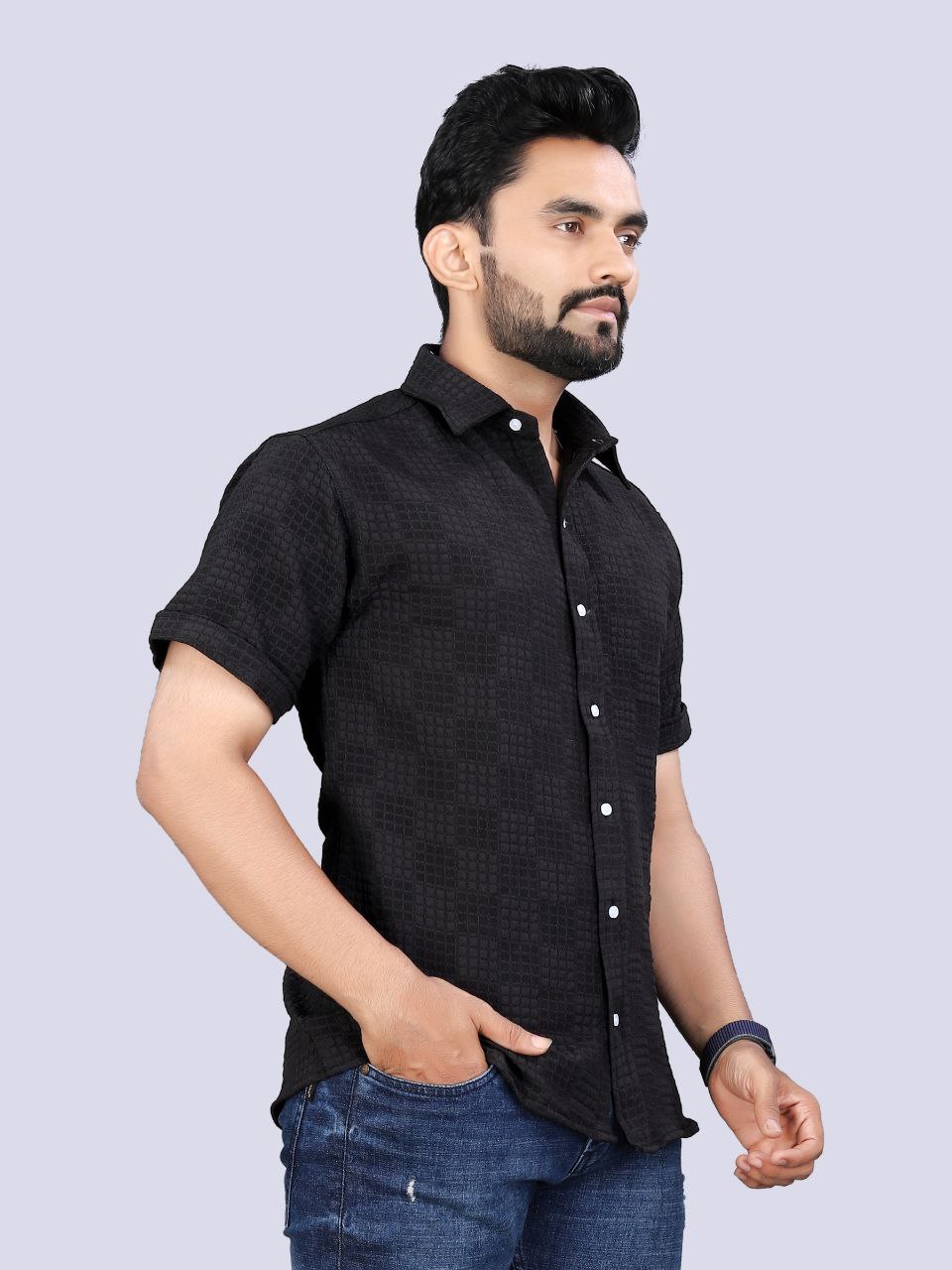 Men's Cotton Double Cloth Fabric Plain Black Shirt