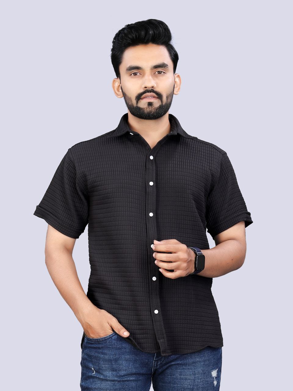 Men's Cotton Double Cloth Fabric Plain Black Shirt