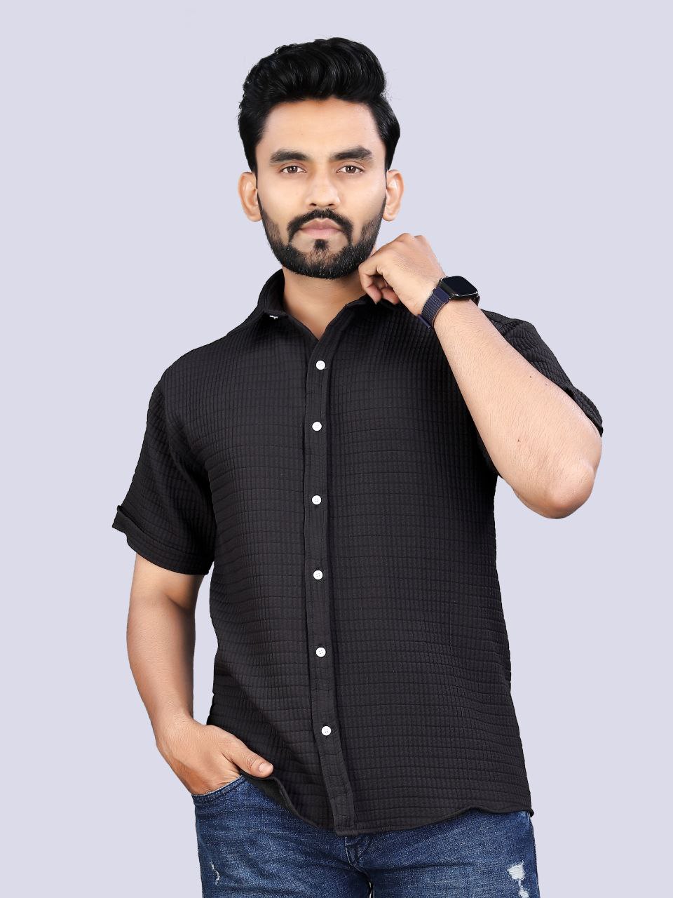 Men's Cotton Double Cloth Fabric Plain Black Shirt